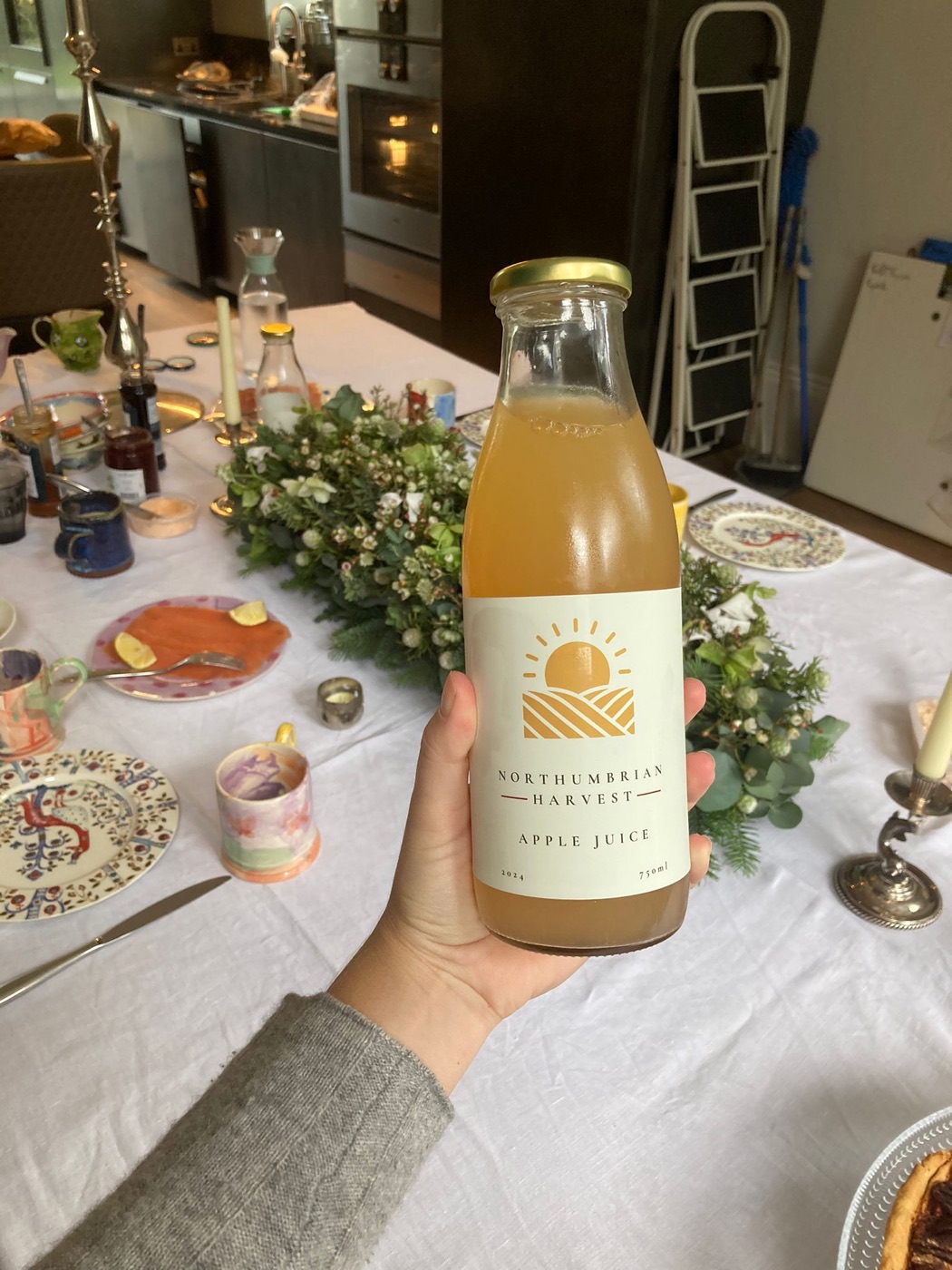 Northumbrian Harvest apple juice at a table