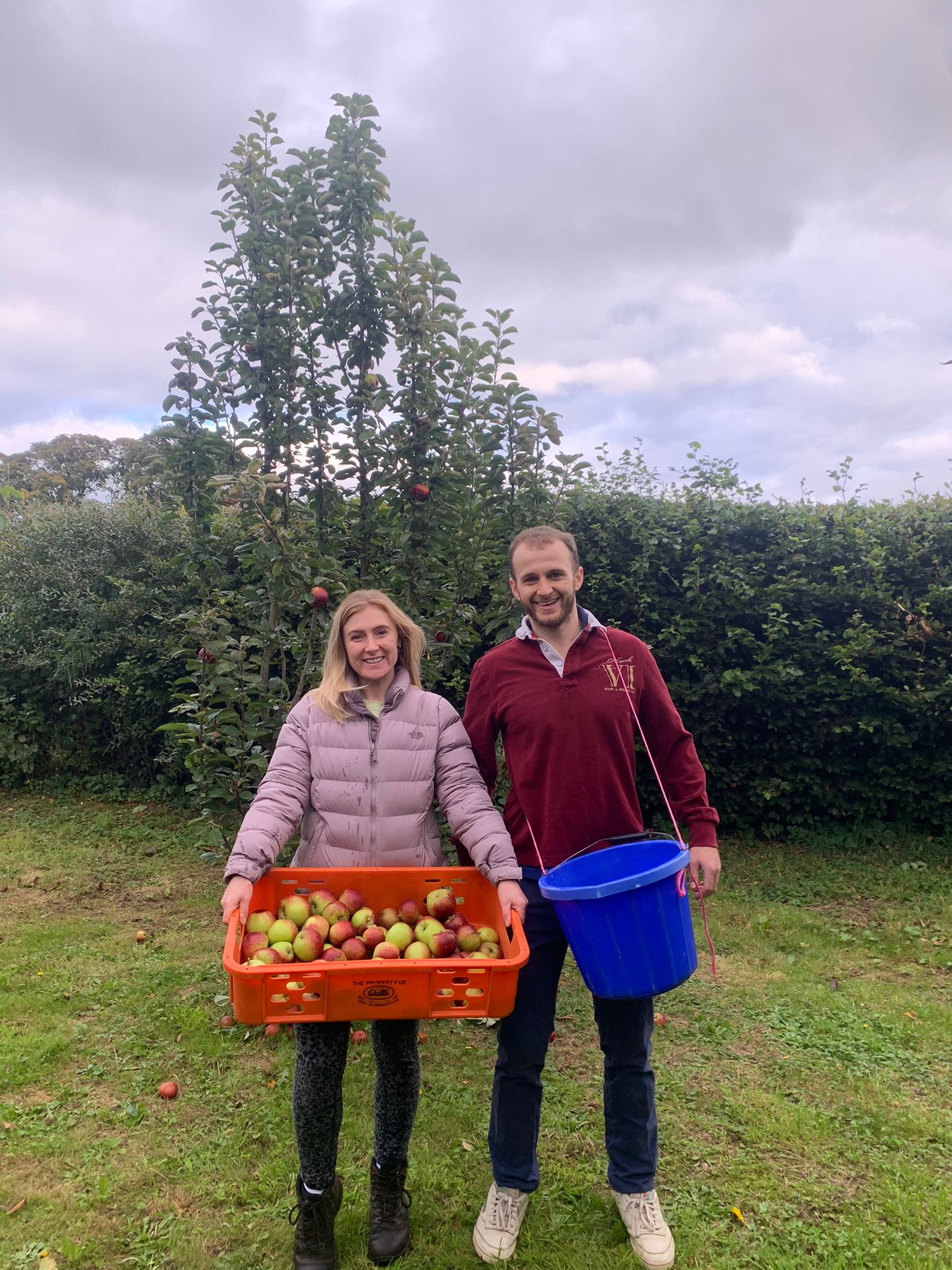 Founders in orchard with apple crates